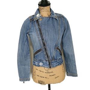 Billabong Womens‎ sz S Jean Jacket Asymmetric Zip Med Wash Faded Denim